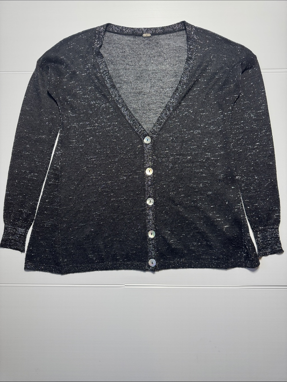 CHAN LUU Women’s Black Metallic Silver Thread Button-Front Cardigan Sweater S/M